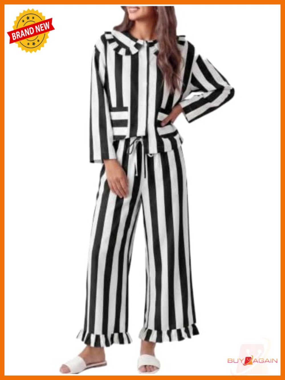 Women's Striped Long Sleeve Pajama Set with Peter Pan Collar and Ruffle Trim